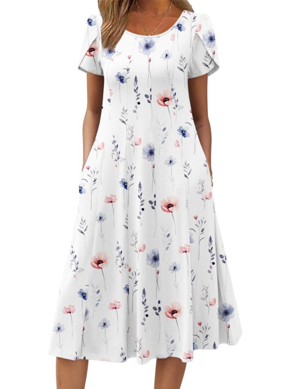 Womens Casual Dresses for Summer Short Sleeve Flare Midi Dress Loose Flowy Beach
